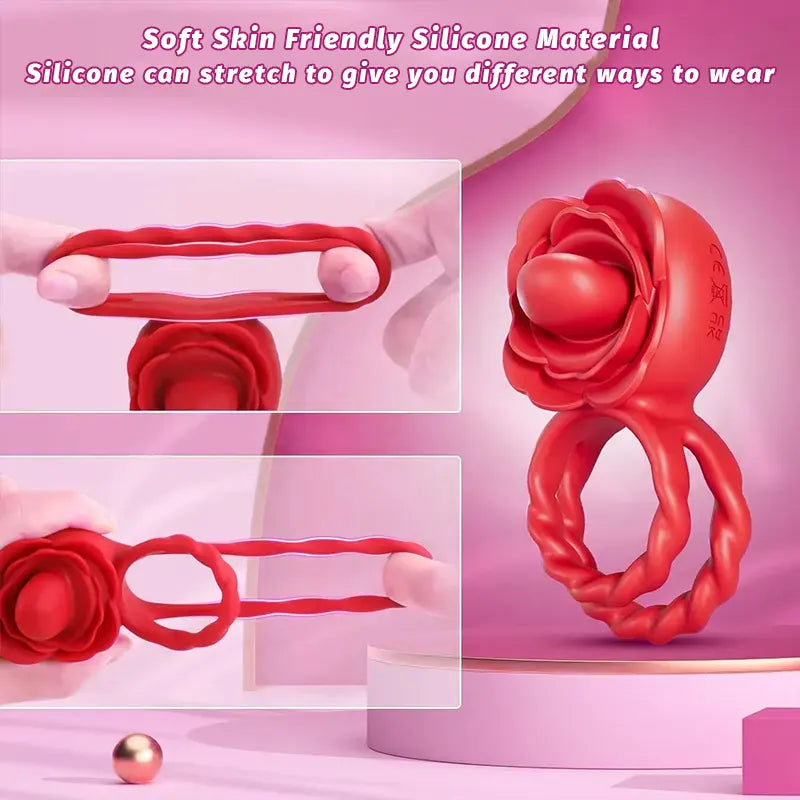 Adult Rose Toy Penis Ring with 10 Vibrating &amp; 10 Tongue Licking