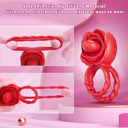Adult Rose Toy Penis Ring with 10 Vibrating &amp; 10 Tongue Licking