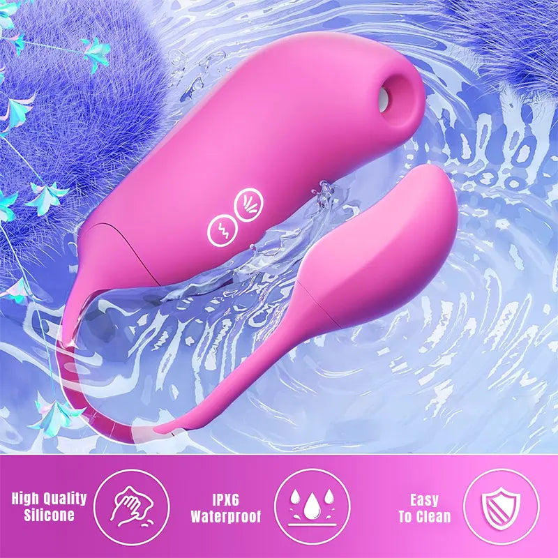 Pink sucking vibrator connected to vibrating egg