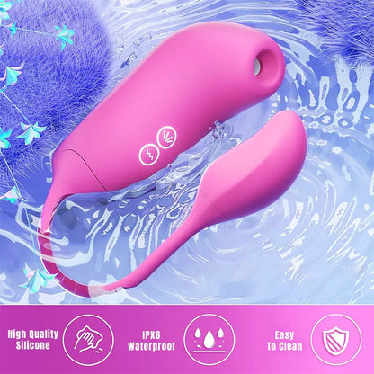 Pink sucking vibrator connected to vibrating egg