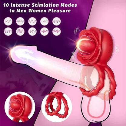 Adult Rose Toy Penis Ring with 10 Vibrating &amp; 10 Tongue Licking