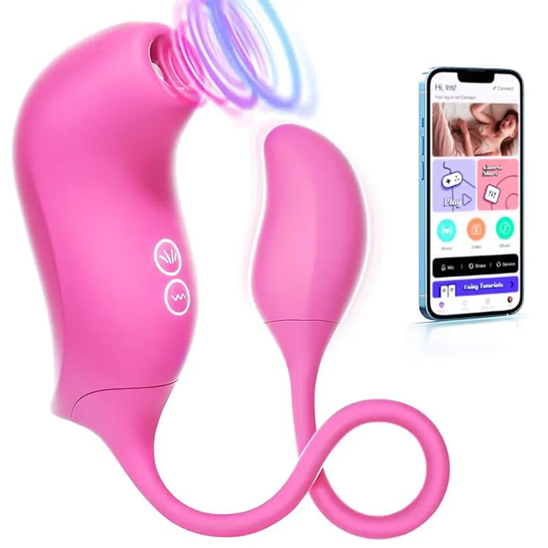 Pink sucking vibrator connected to vibrating egg