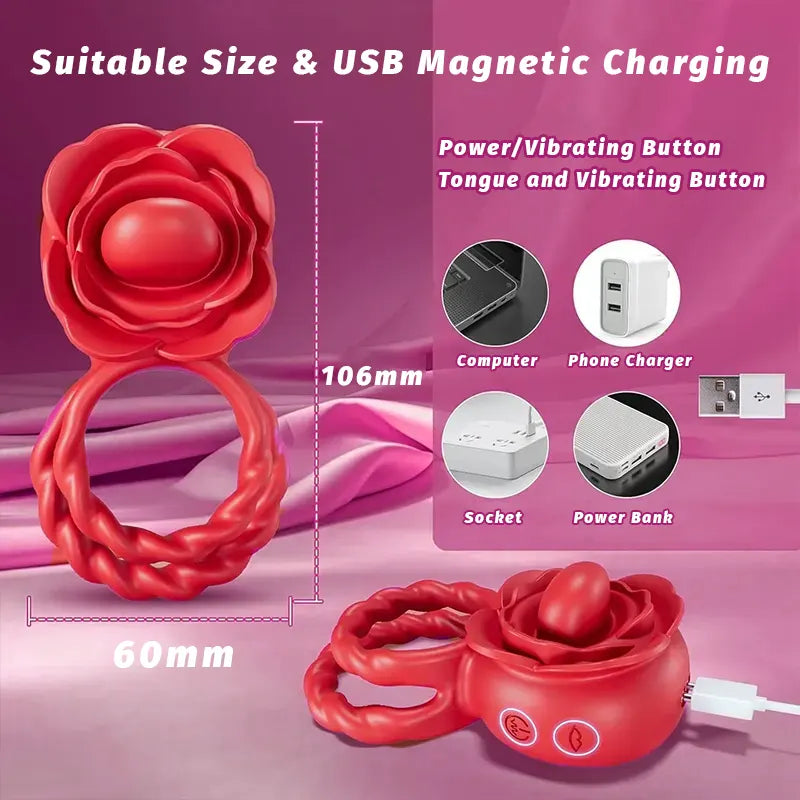 Adult Rose Toy Penis Ring with 10 Vibrating &amp; 10 Tongue Licking