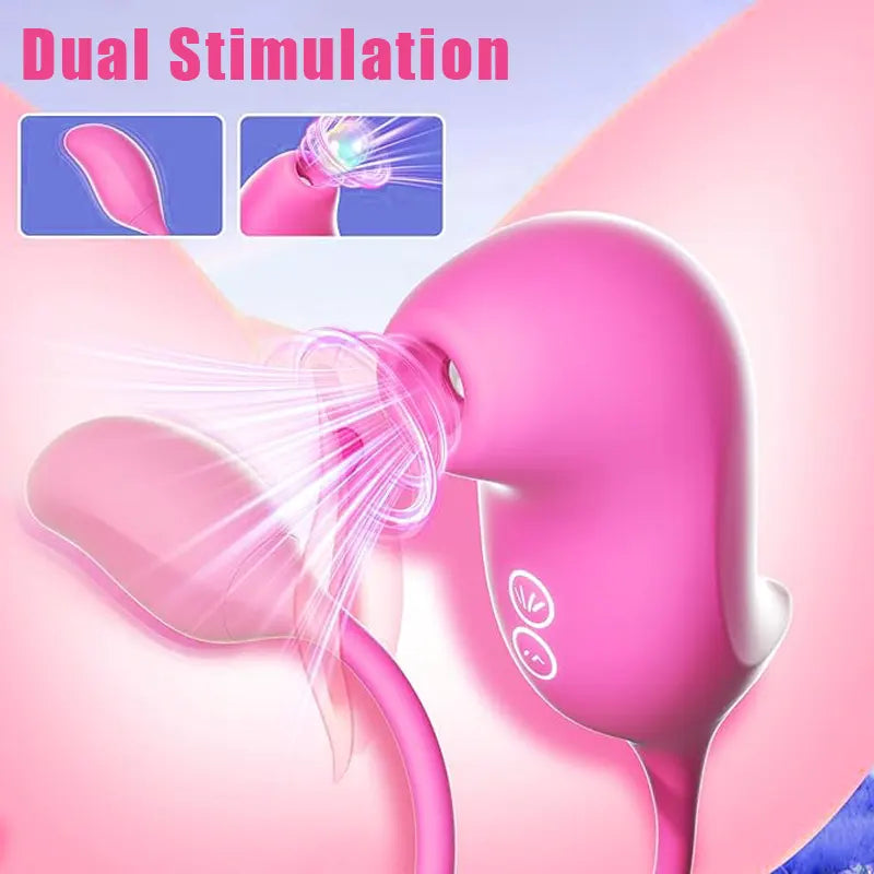 Pink sucking vibrator connected to vibrating egg