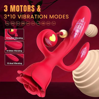 Triple Stimulation Red Rose Rabbit Vibrator Vaginal Clitoral Toy