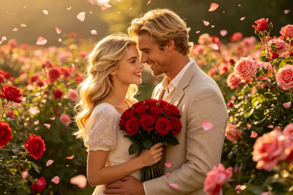 Embrace and kiss in the rose garden